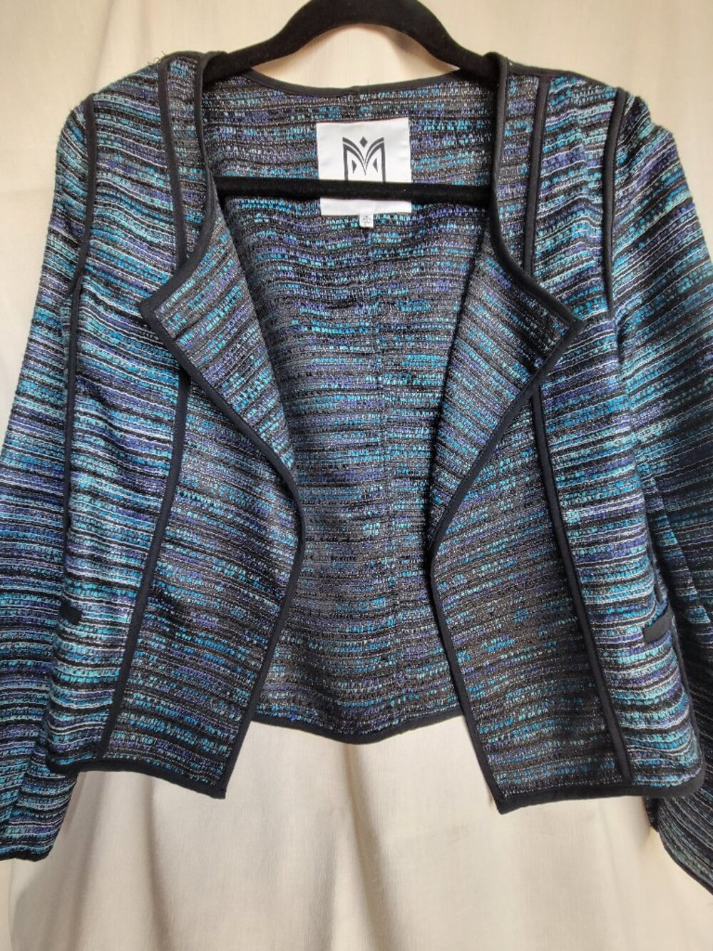 Milly Luxury Woven Tweed Blazer Jacket 6 Blue Metallic Virgin Wool Silk USA